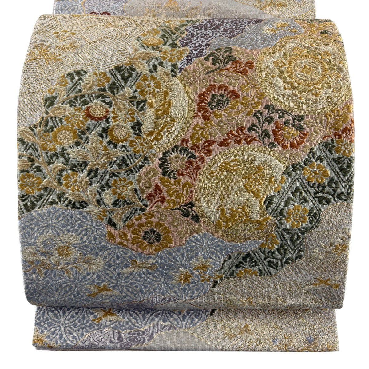 【美品】 袋帶 秀品級 道長取 草花紋 金金箔 金絲 米色 六通 純蠶絲