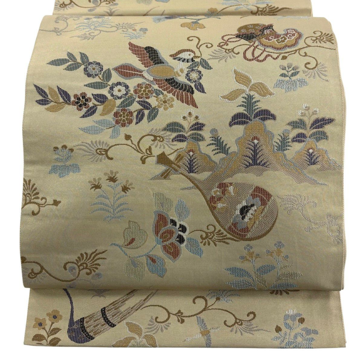 【美品】 袋帶 秀品級 花喰鳥 樂器 金金箔 米色 六通 純蠶絲