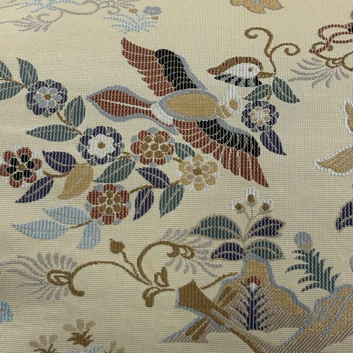 【美品】 袋帶 秀品級 花喰鳥 樂器 金金箔 米色 六通 純蠶絲