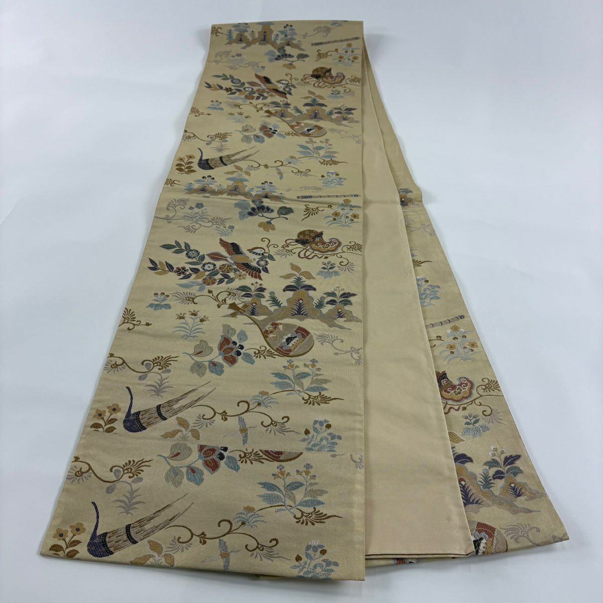 【美品】 袋帶 秀品級 花喰鳥 樂器 金金箔 米色 六通 純蠶絲