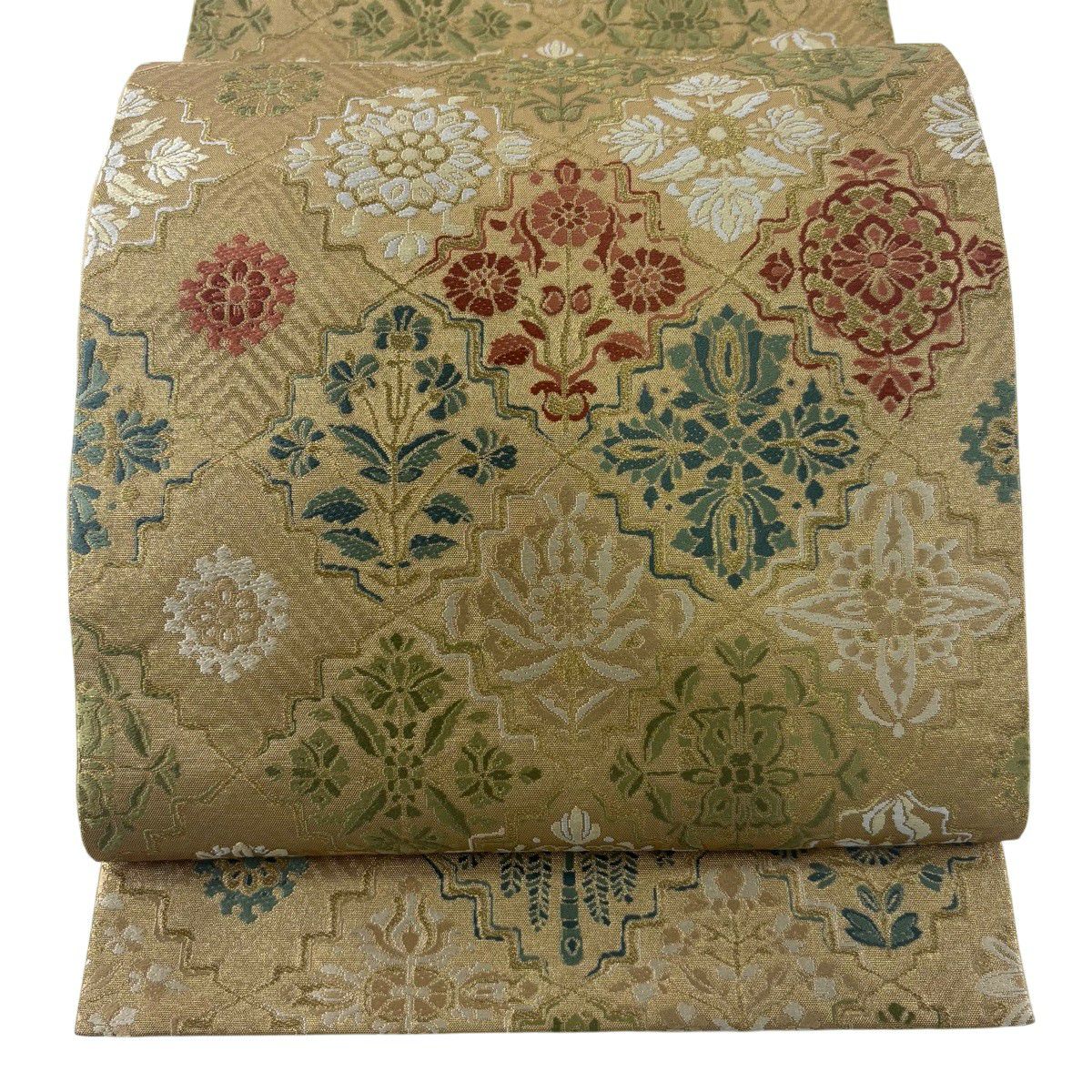 【美品】 袋帶 秀品級 花井幸子 落款あり 華紋 草花紋刺繡 金絲 金 六通 純蠶絲