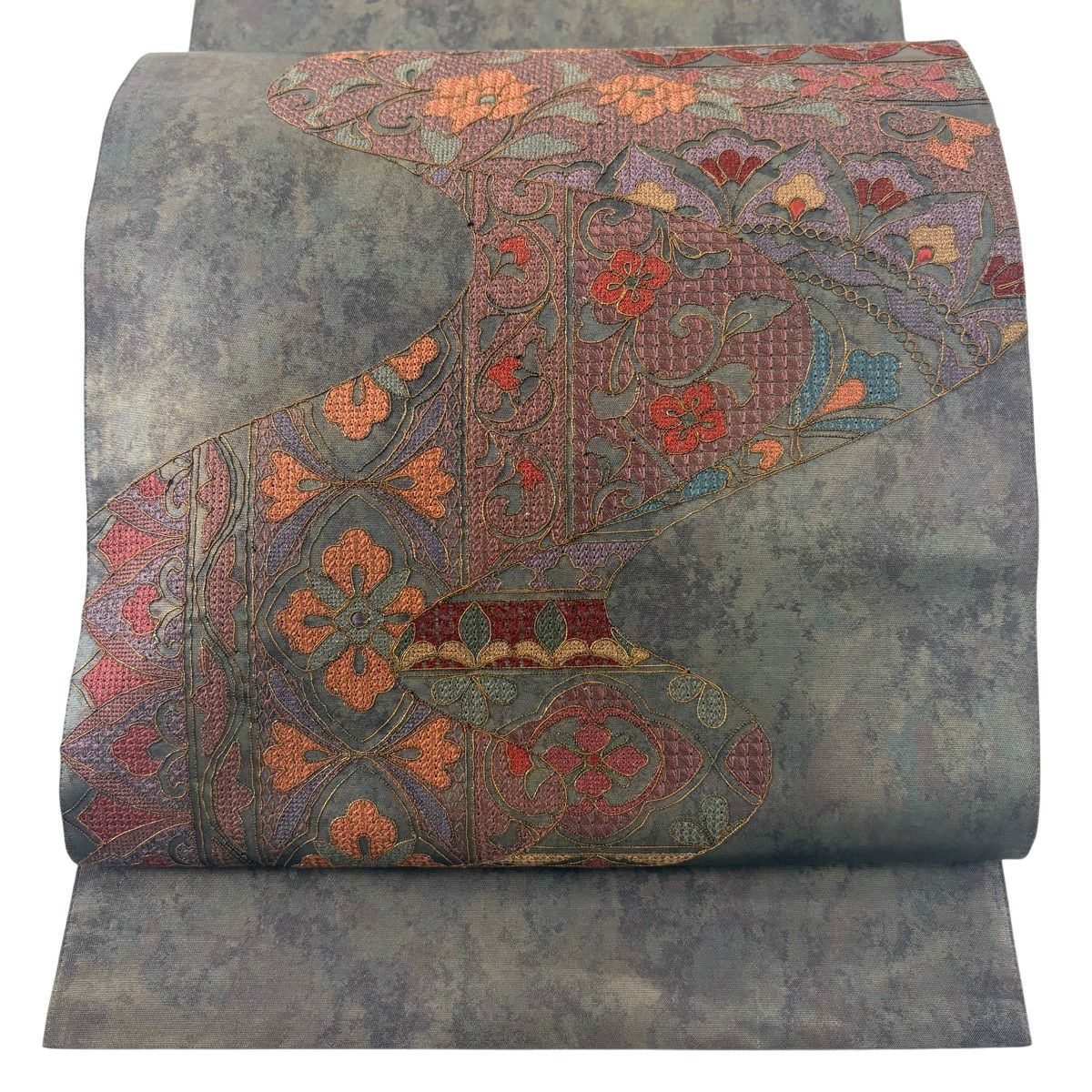 【美品】 袋帶 秀品級 草花紋紋 霞 刺繡 金線 灰紫色 お太鼓柄 純蠶絲