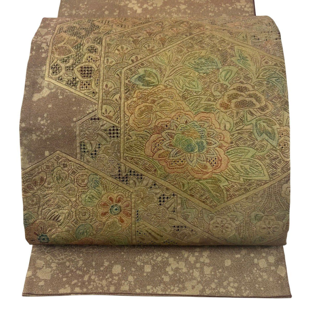 【美品】 袋帶 秀品級 關西仕立 雪白牡丹 龜甲刺繡 金銀彩 金茶 お太鼓柄 純蠶絲
