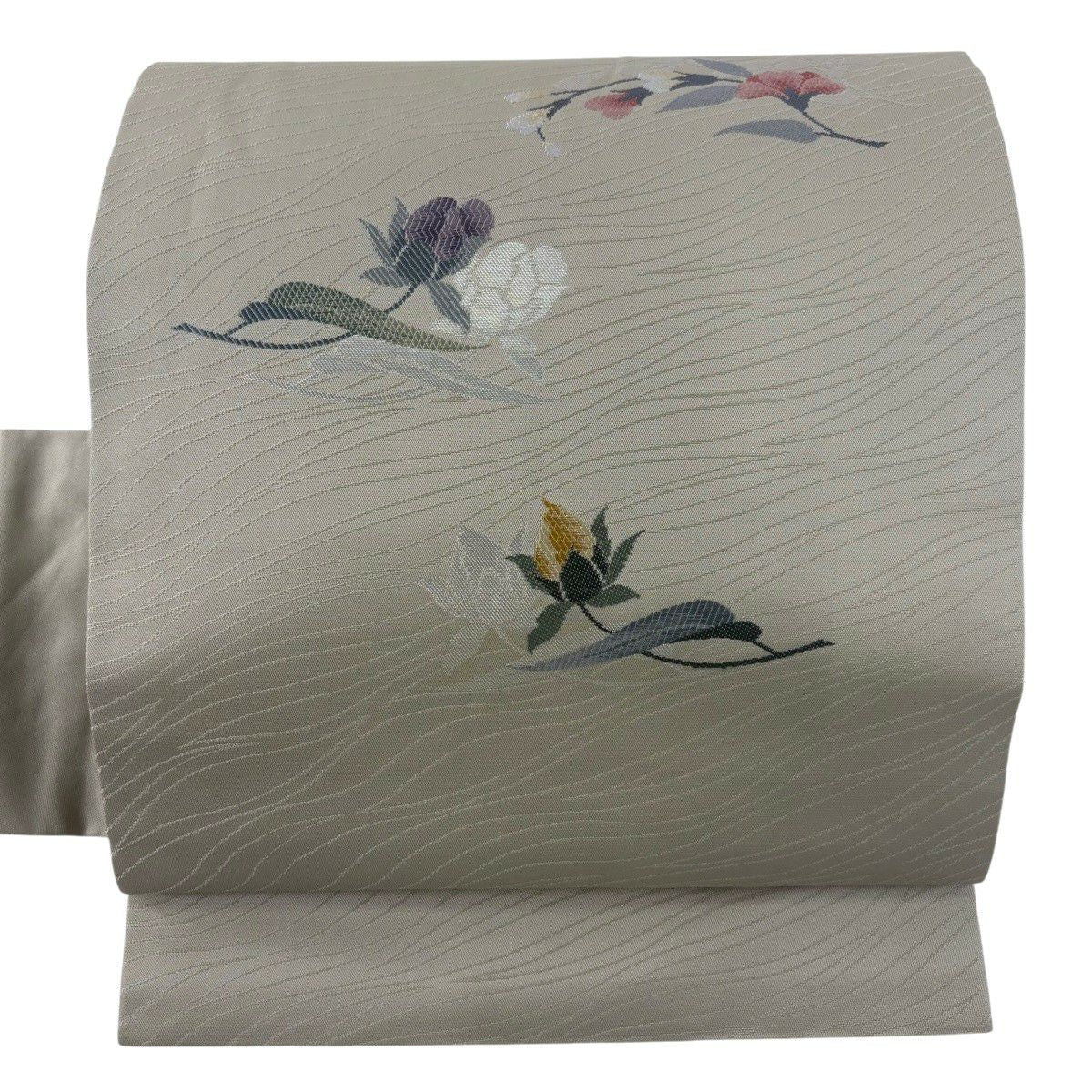 【美品】名古屋帶 秀品級 草花紋刺繡金金箔 灰綠 純蠶絲