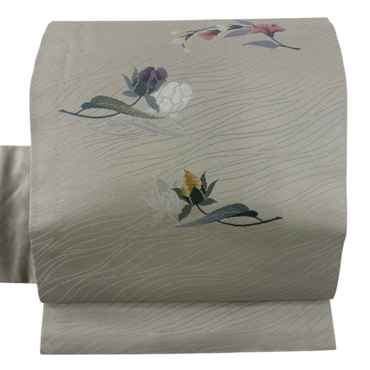 【美品】名古屋帶 秀品級 草花紋刺繡金金箔 灰綠 純蠶絲
