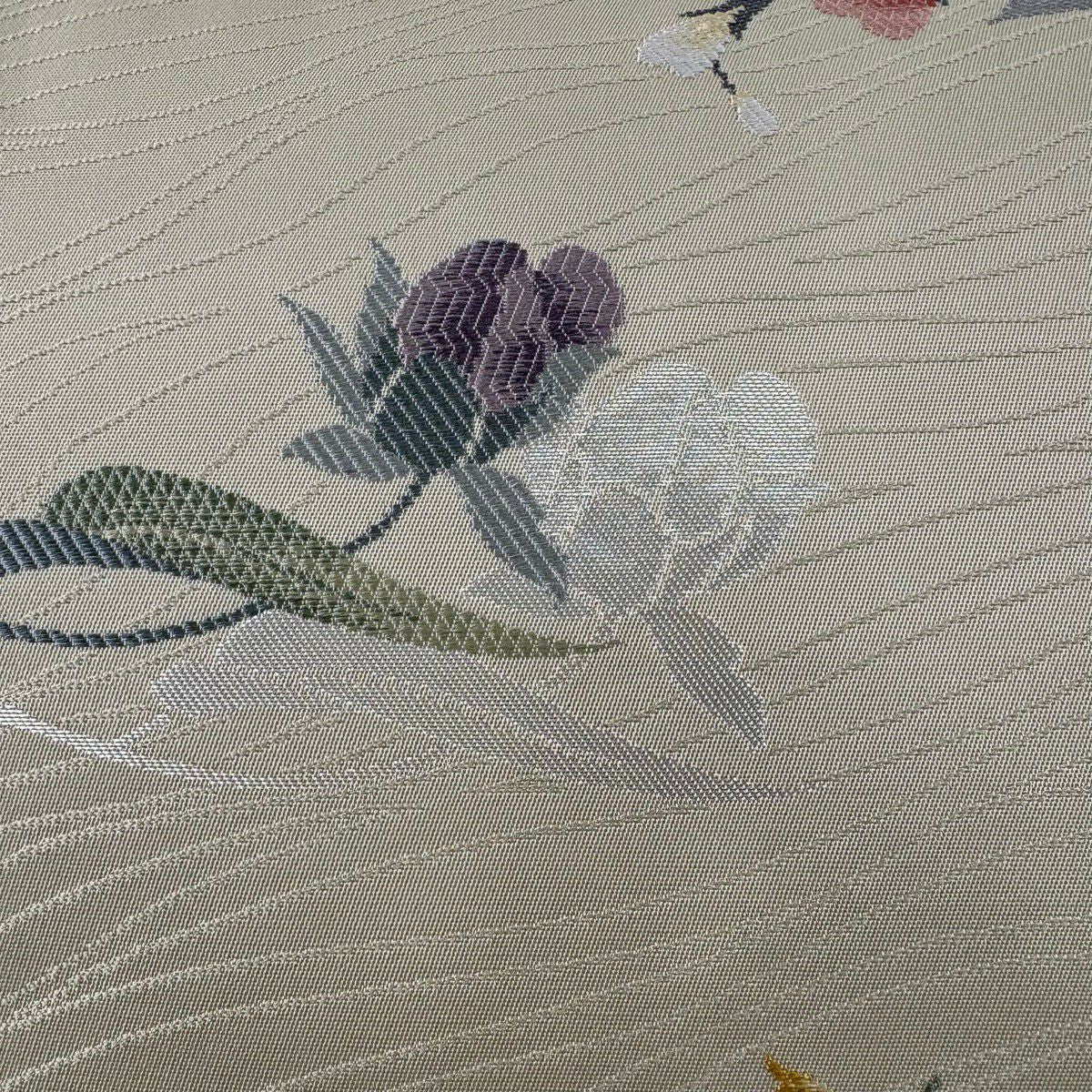 【美品】名古屋帶 秀品級 草花紋刺繡金金箔 灰綠 純蠶絲