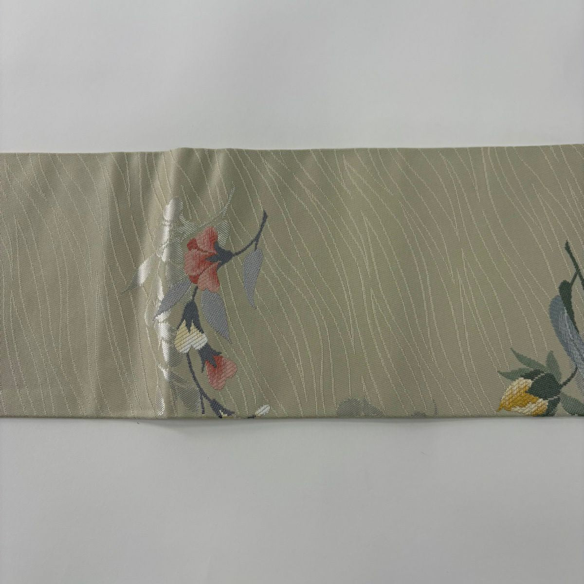【美品】名古屋帶 秀品級 草花紋刺繡金金箔 灰綠 純蠶絲