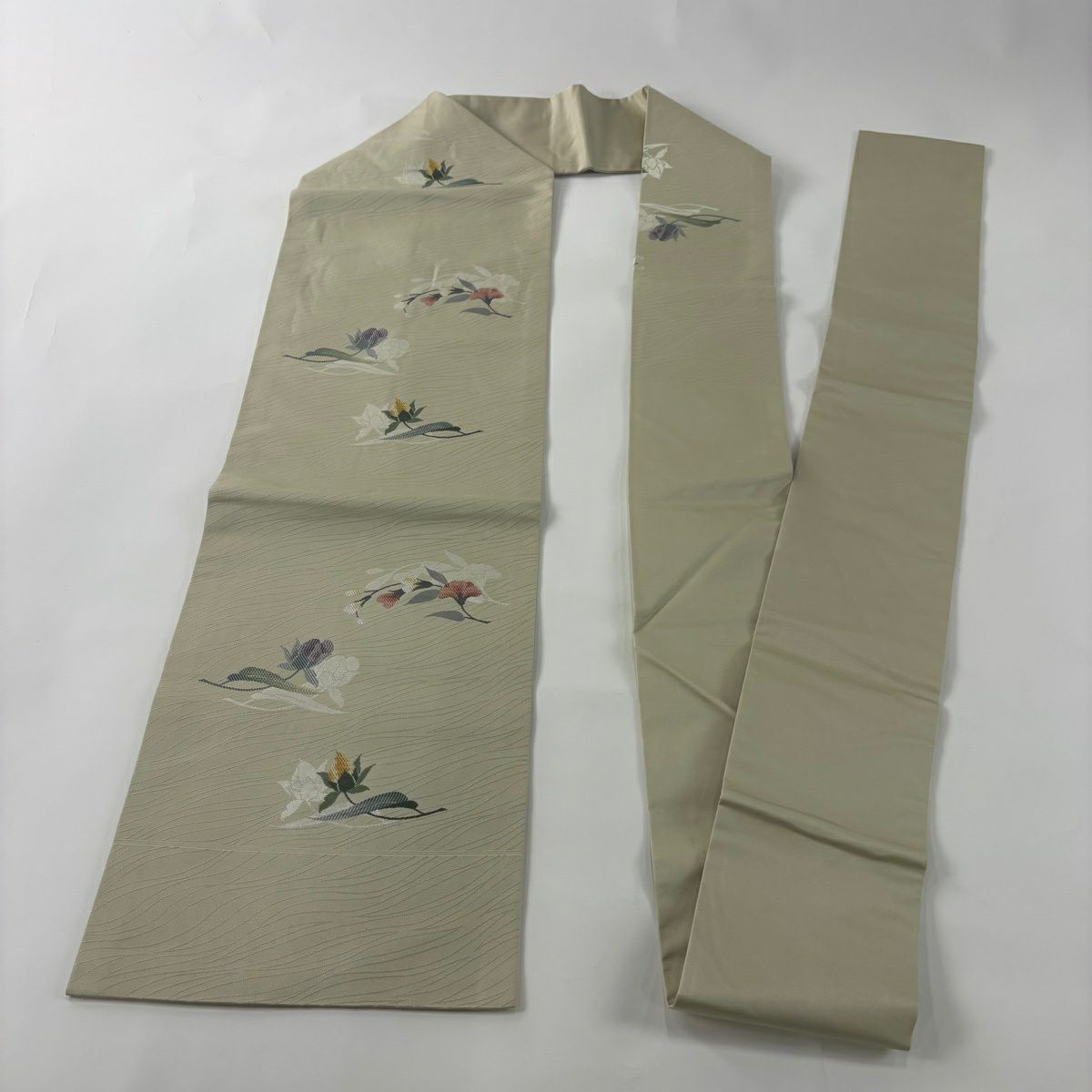 【美品】名古屋帶 秀品級 草花紋刺繡金金箔 灰綠 純蠶絲