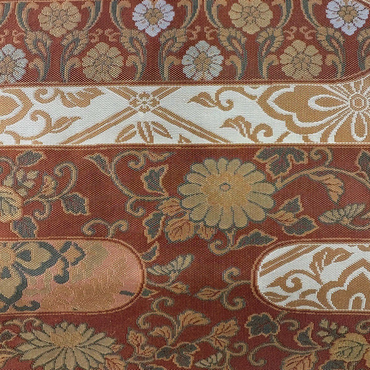 【美品】名古屋帶 秀品級 附落款 草花紋紋 ヱ霞 紅茶 純蠶絲