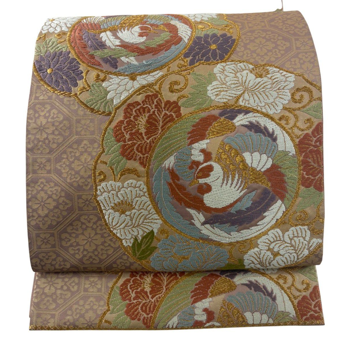 袋帶 秀品級 關西仕立 雛鳳凰 花唐草紋 刺繡 金線 灰紫 六通 純蠶絲