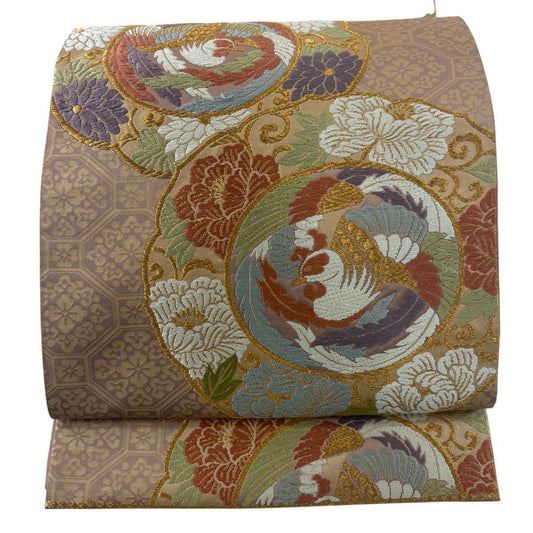 袋帶 秀品級 關西仕立 雛鳳凰 花唐草紋 刺繡 金線 灰紫 六通 純蠶絲
