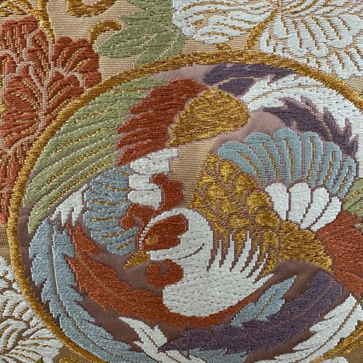 袋帶 秀品級 關西仕立 雛鳳凰 花唐草紋 刺繡 金線 灰紫 六通 純蠶絲
