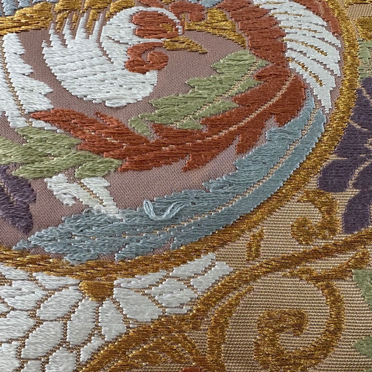 袋帶 秀品級 關西仕立 雛鳳凰 花唐草紋 刺繡 金線 灰紫 六通 純蠶絲