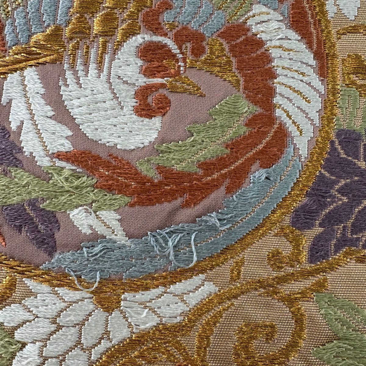 袋帶 秀品級 關西仕立 雛鳳凰 花唐草紋 刺繡 金線 灰紫 六通 純蠶絲