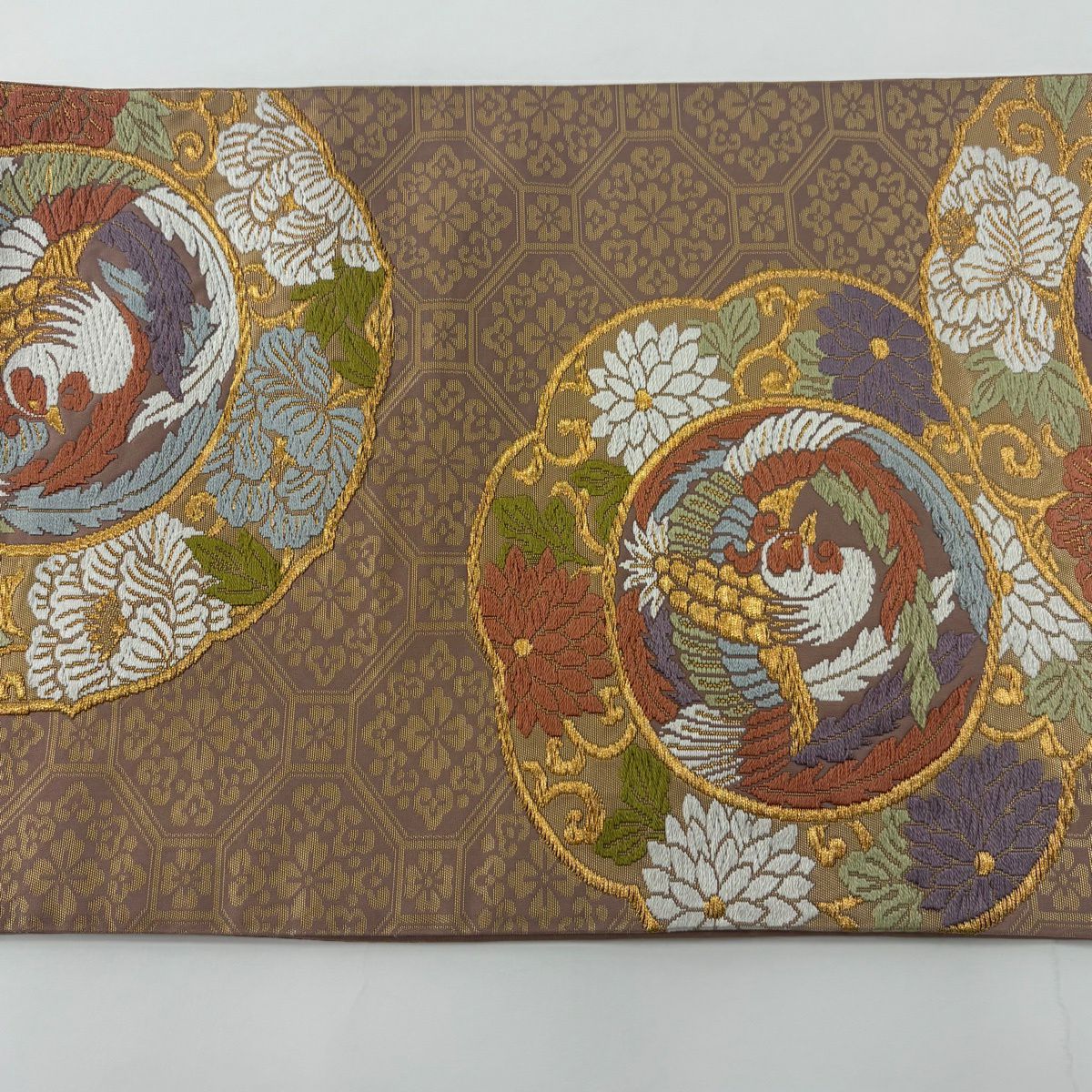 袋帶 秀品級 關西仕立 雛鳳凰 花唐草紋 刺繡 金線 灰紫 六通 純蠶絲