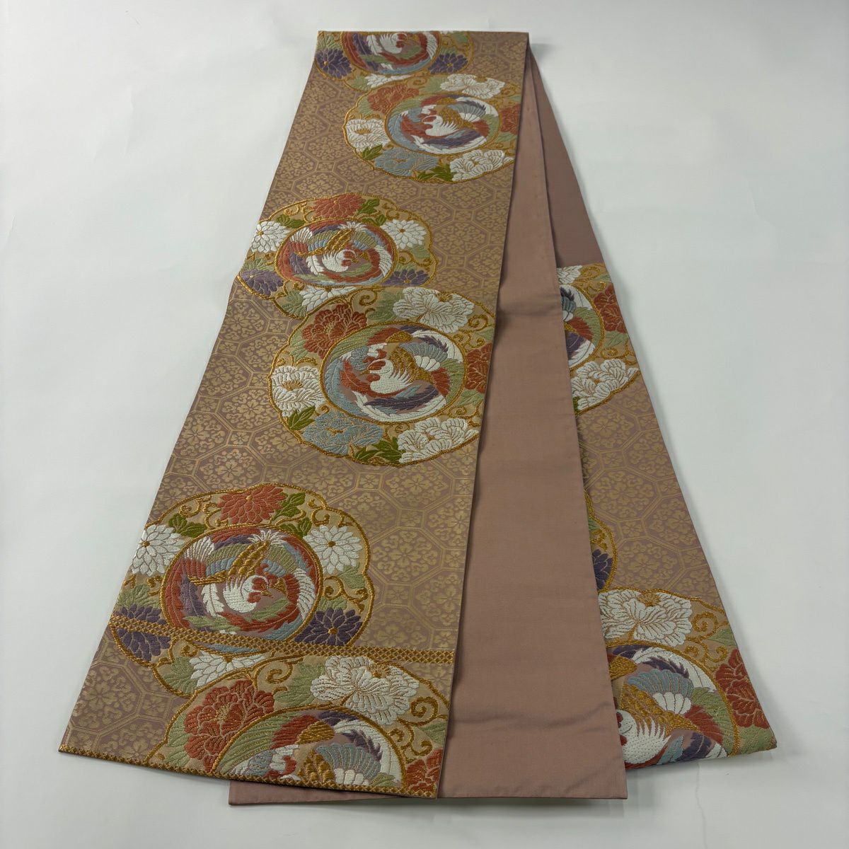 袋帶 秀品級 關西仕立 雛鳳凰 花唐草紋 刺繡 金線 灰紫 六通 純蠶絲