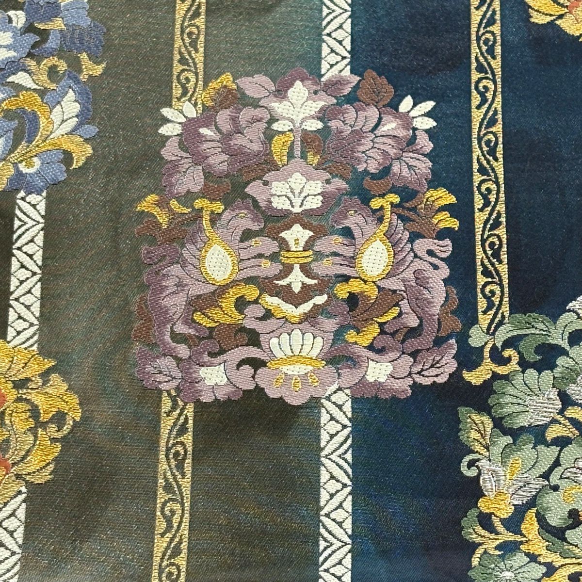 【美品】 袋帶 秀品級 華紋 縞 金銀彩 金金箔 灰茶 六通 純蠶絲