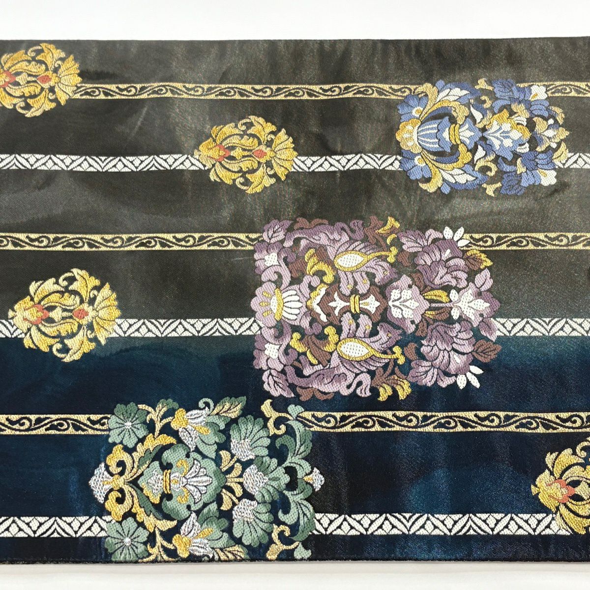 【美品】 袋帶 秀品級 華紋 縞 金銀彩 金金箔 灰茶 六通 純蠶絲