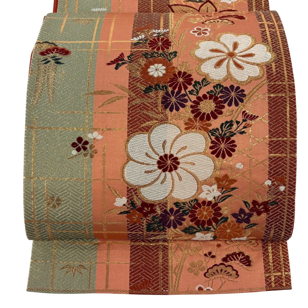 【美品】 袋帶 秀品級 關西仕立 草花紋紋 檜垣 唐織 金銀彩 鮭粉色 六通 純蠶絲