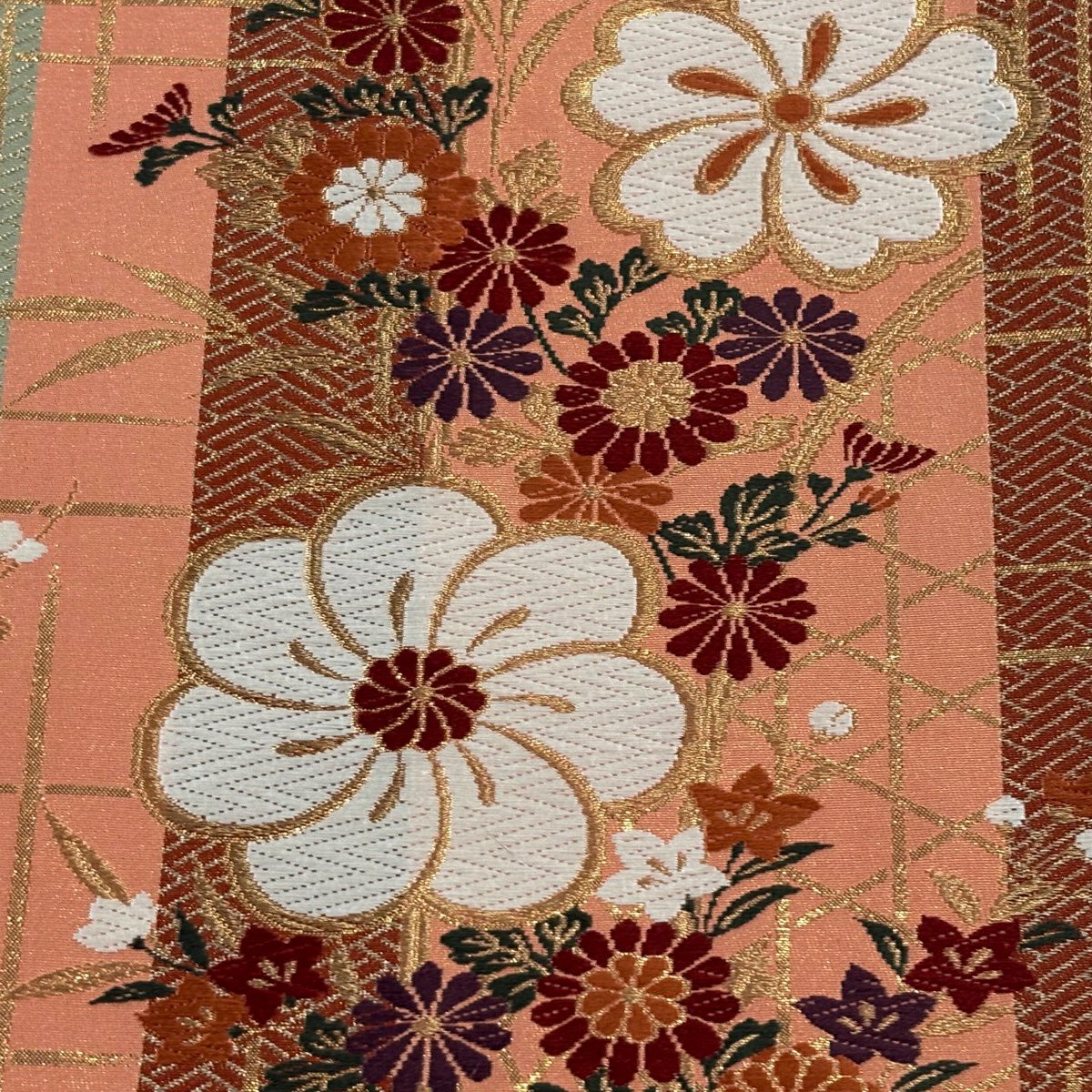 【美品】 袋帶 秀品級 關西仕立 草花紋紋 檜垣 唐織 金銀彩 鮭粉色 六通 純蠶絲