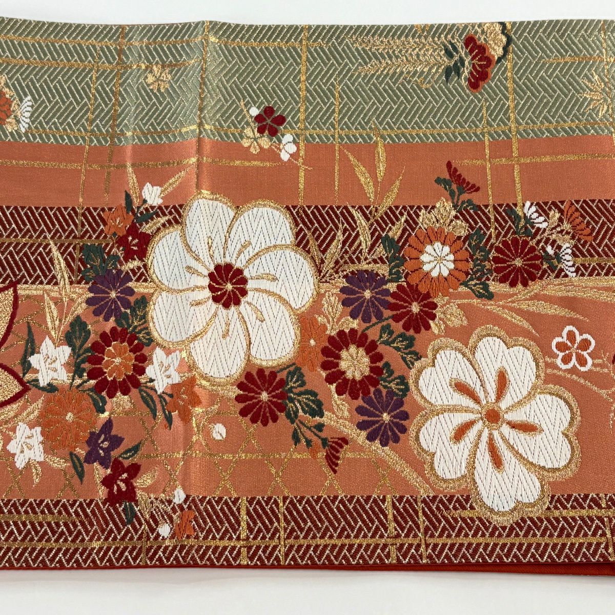 【美品】 袋帶 秀品級 關西仕立 草花紋紋 檜垣 唐織 金銀彩 鮭粉色 六通 純蠶絲