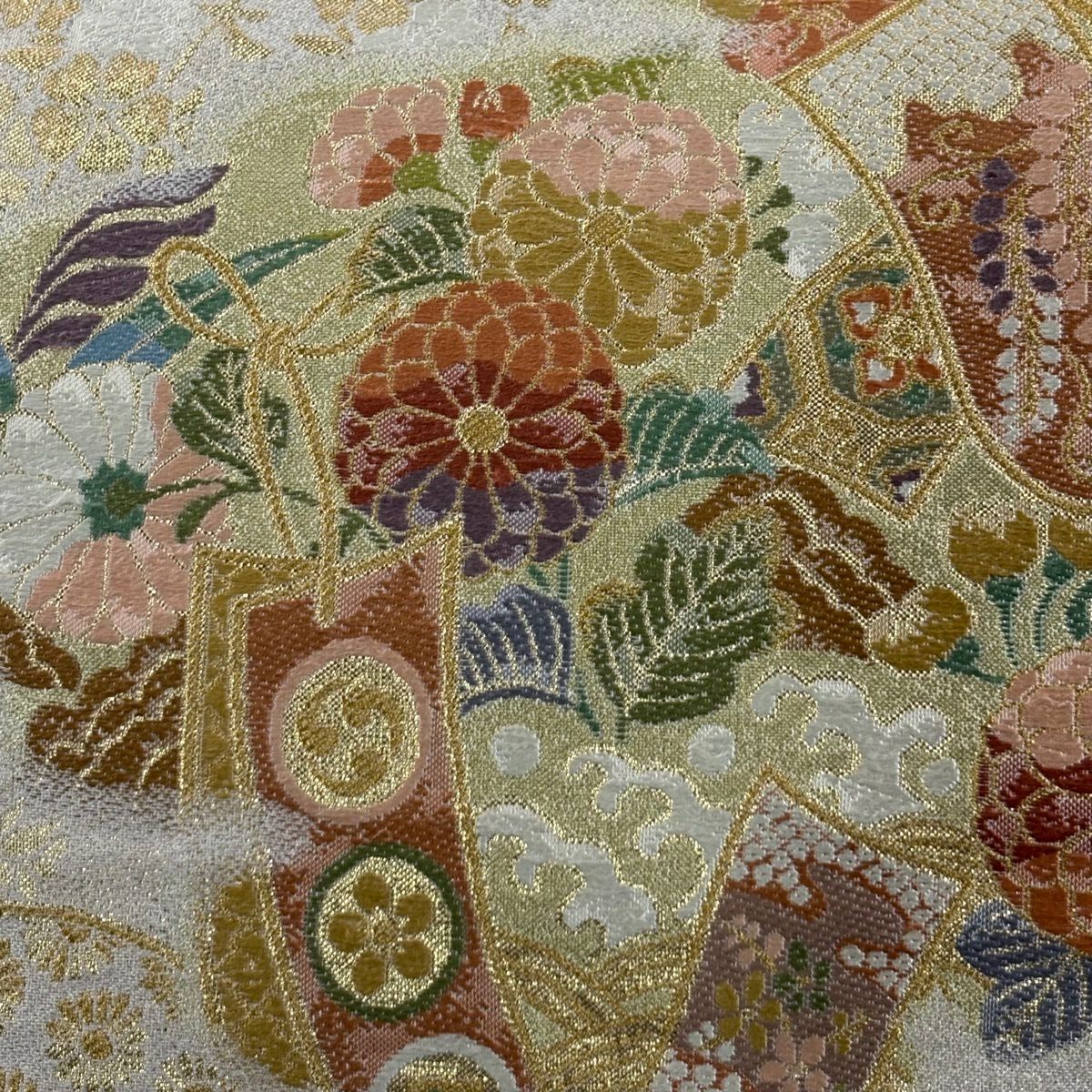 袋帶 秀品級 短冊 草花紋紋 金絲 金金箔 灰白 六通 純蠶絲