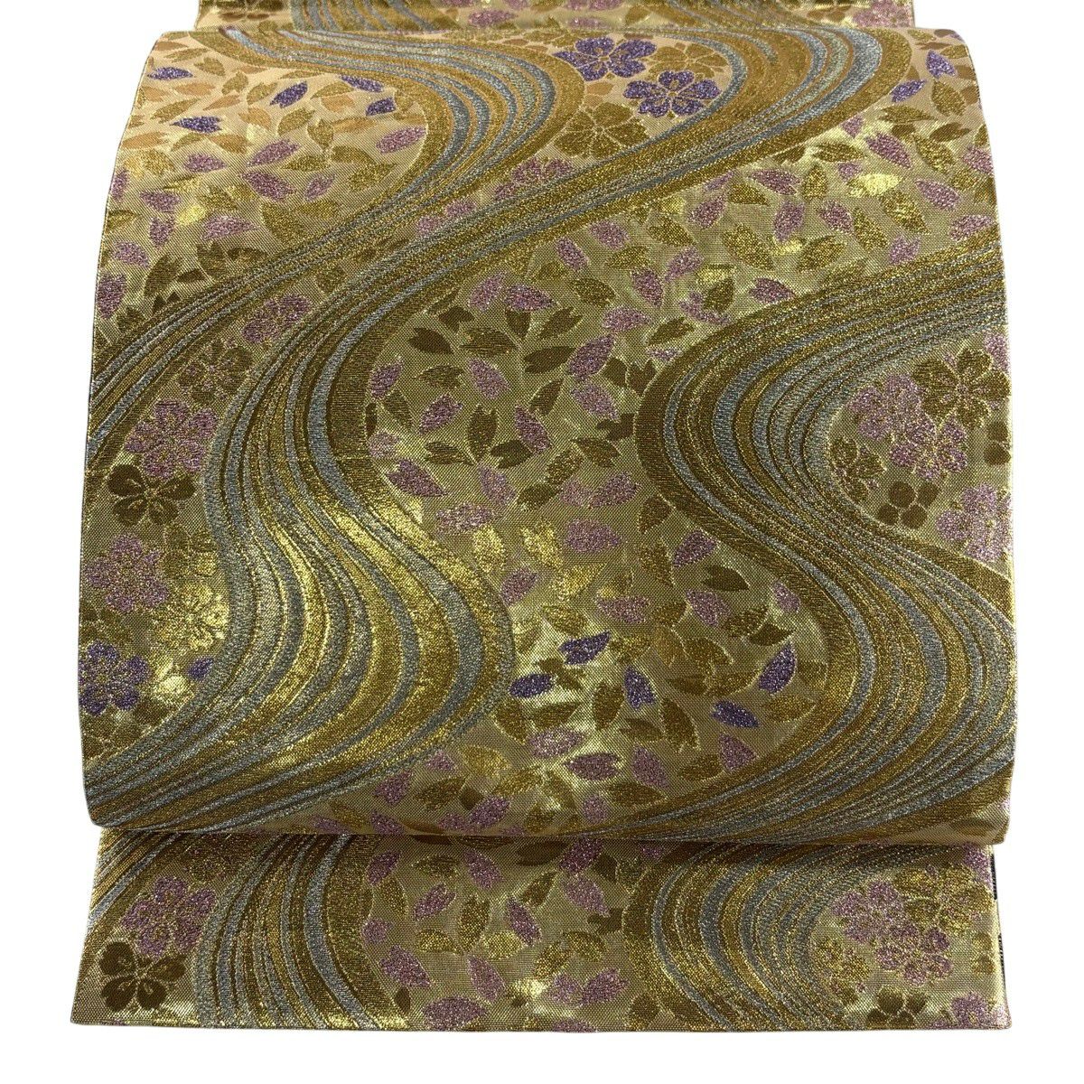 【美品】 袋帶 秀品級 櫻花 流水 金銀線 金金箔 金色 六通 純蠶絲