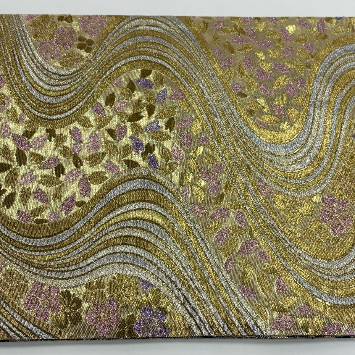 【美品】 袋帶 秀品級 櫻花 流水 金銀線 金金箔 金色 六通 純蠶絲