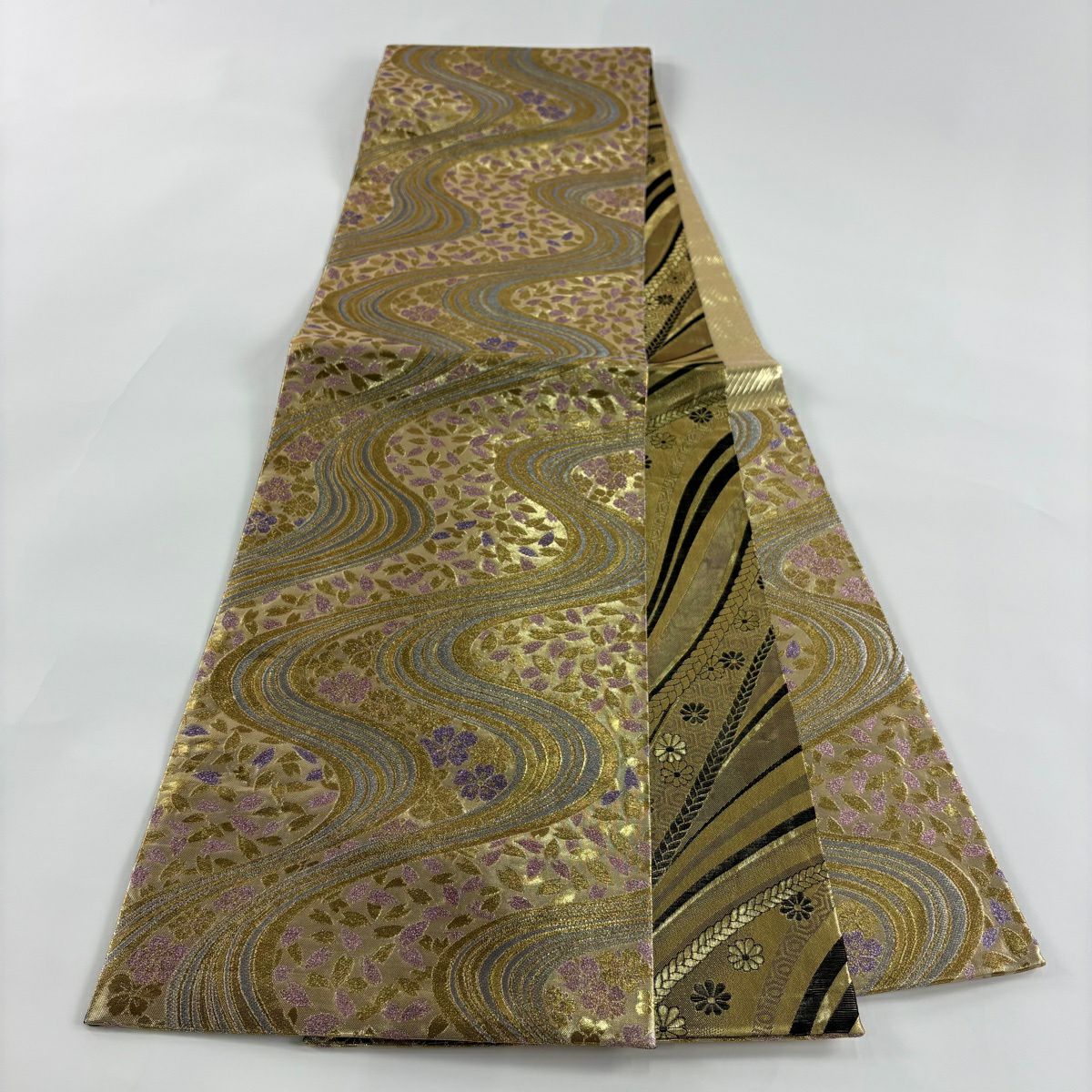 【美品】 袋帶 秀品級 櫻花 流水 金銀線 金金箔 金色 六通 純蠶絲
