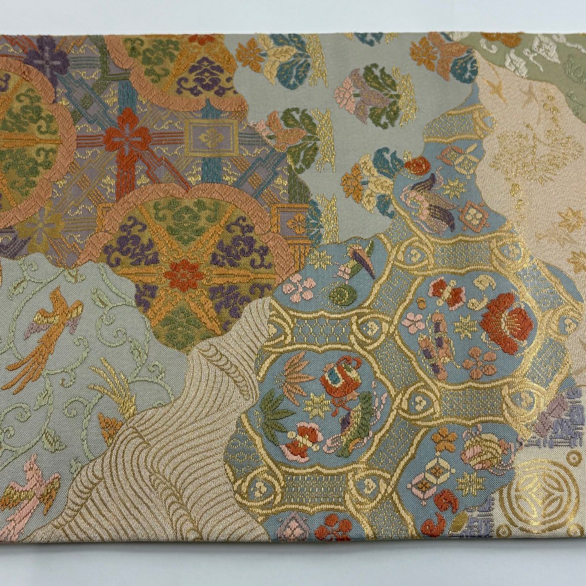 【美品】 袋帶 秀品級 寶盡花鳥 金絲 唐織 米色 六通 純蠶絲