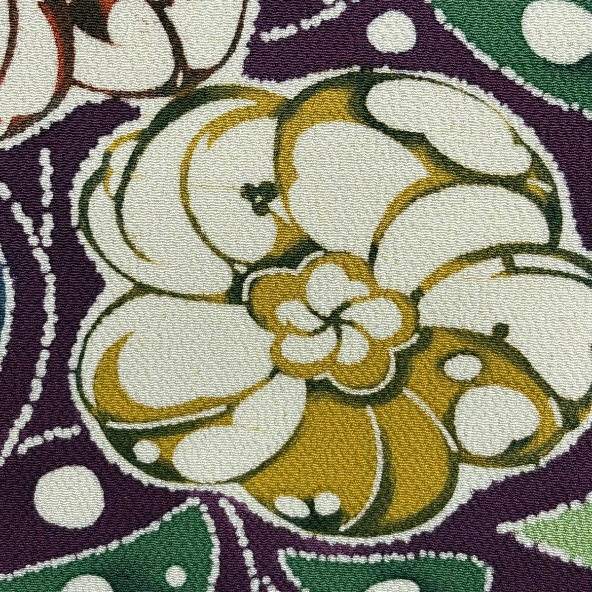 名古屋帶 秀品級 草花紋 縮緬 黃綠 純蠶絲