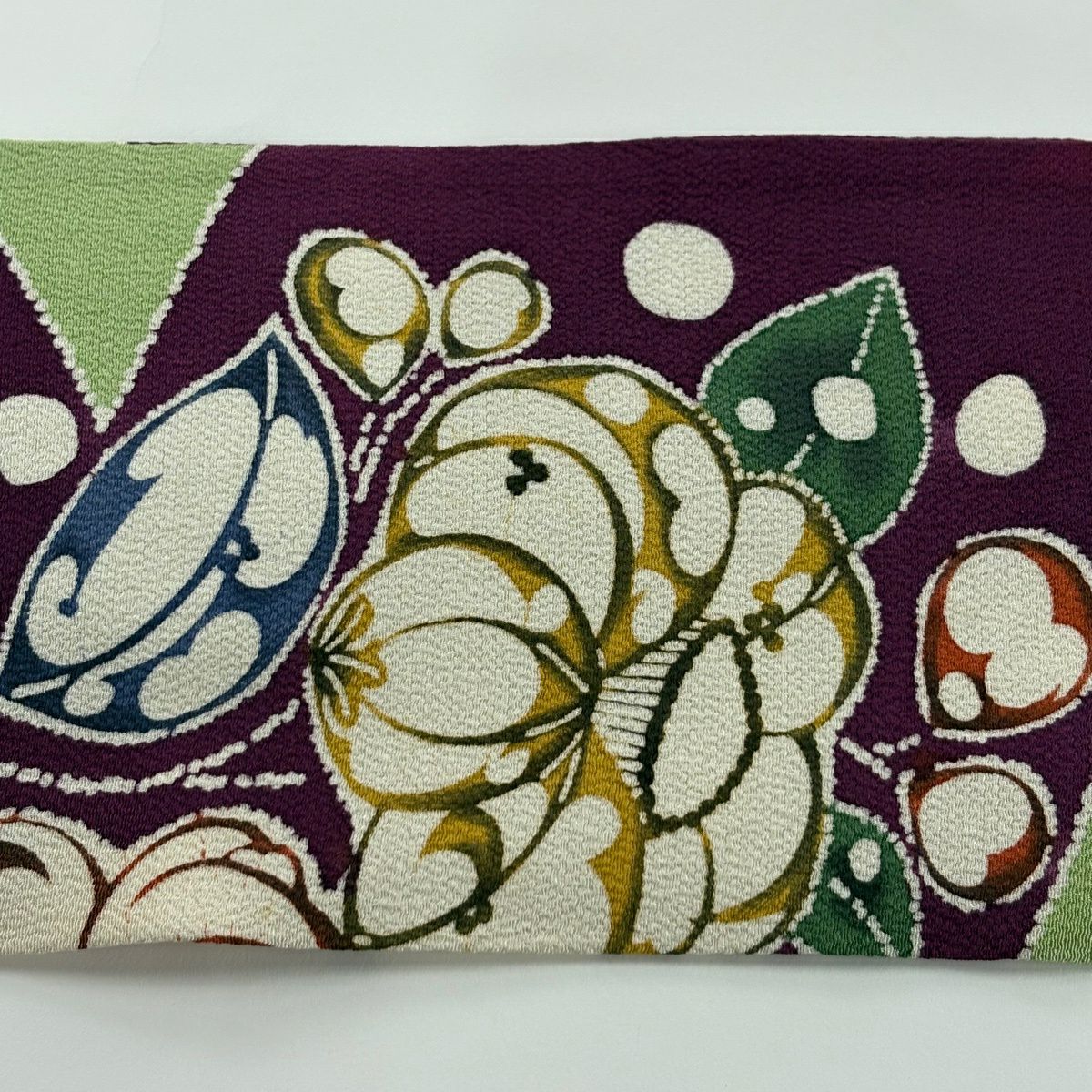名古屋帶 秀品級 草花紋 縮緬 黃綠 純蠶絲