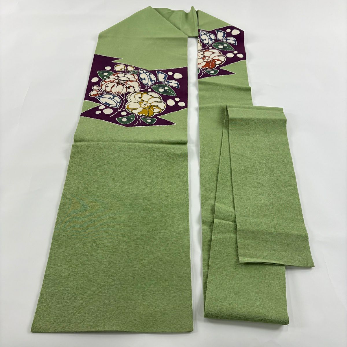 名古屋帶 秀品級 草花紋 縮緬 黃綠 純蠶絲