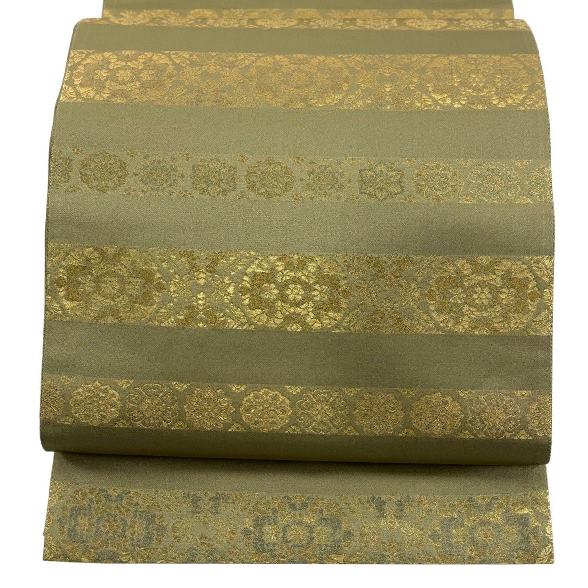 【美品】 袋帶 秀品級 縞 華紋 金金箔 米色 お太鼓柄 純蠶絲
