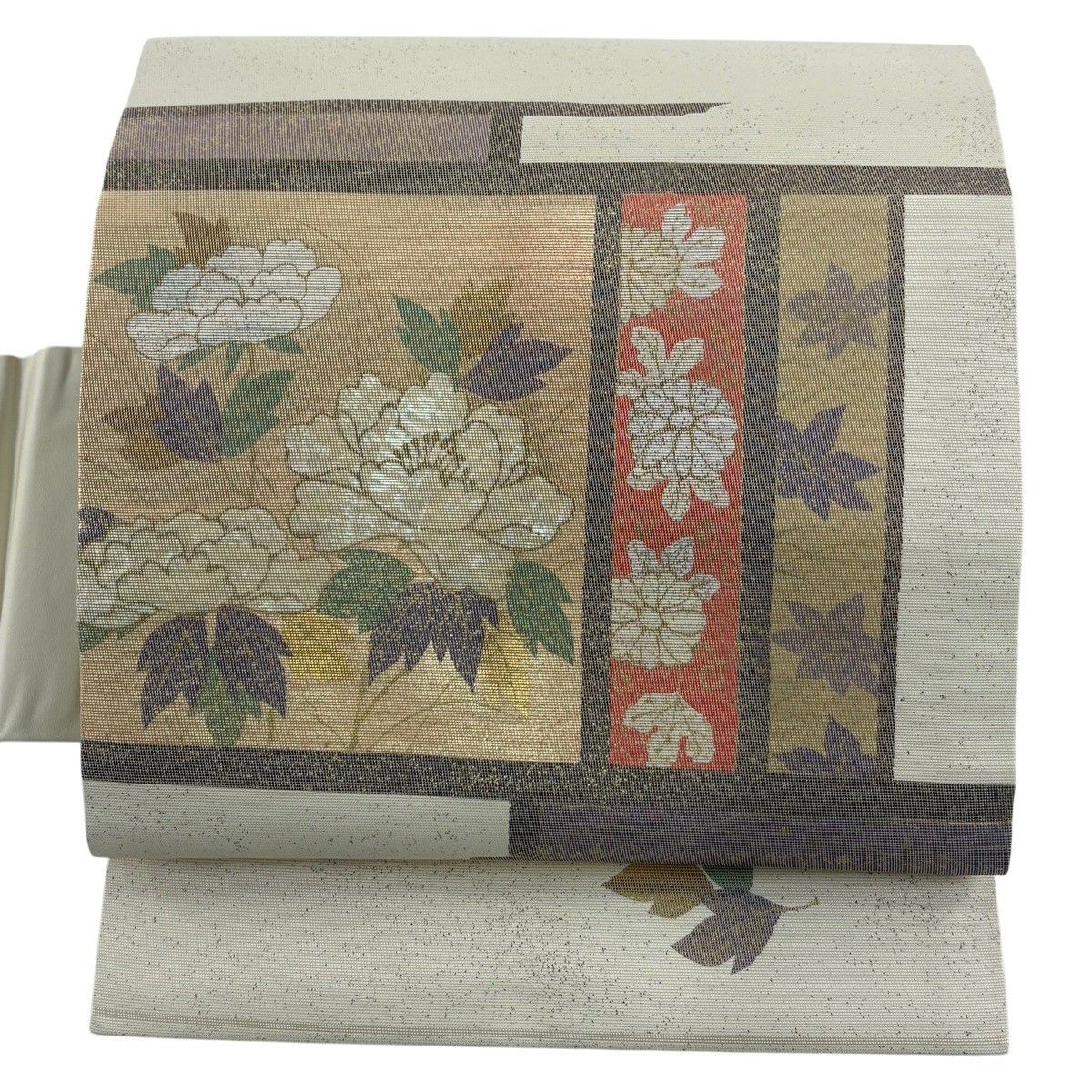 名古屋帶 秀品級 關西仕立 牡丹 菊花唐草紋 金銀彩 螺鈿金金箔 奶油色 純蠶絲