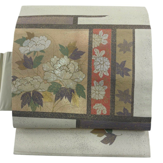 名古屋帶 秀品級 關西仕立 牡丹 菊花唐草紋 金銀彩 螺鈿金金箔 奶油色 純蠶絲