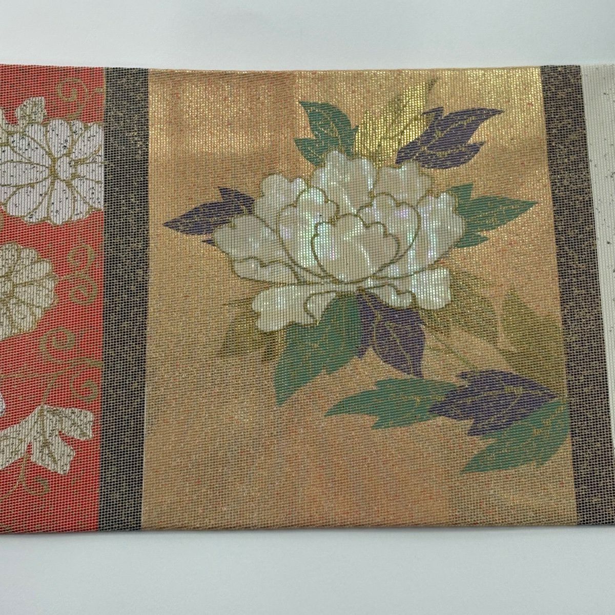 名古屋帶 秀品級 關西仕立 牡丹 菊花唐草紋 金銀彩 螺鈿金金箔 奶油色 純蠶絲