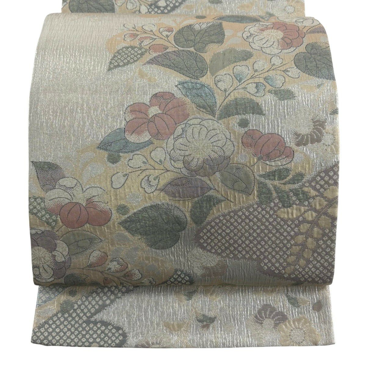 【美品】 袋帶 秀品級 草花紋紋 霞 金金箔 銀 六通 純蠶絲