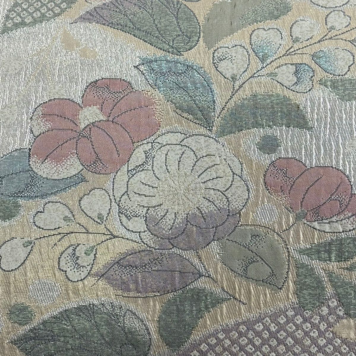 【美品】 袋帶 秀品級 草花紋紋 霞 金金箔 銀 六通 純蠶絲
