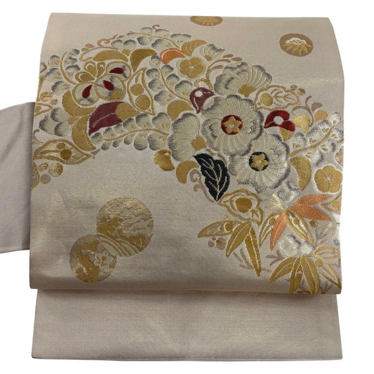 【美品】 名古屋帶 秀品級 關西仕立 草花紋紋 金金箔 粉米色 純蠶絲