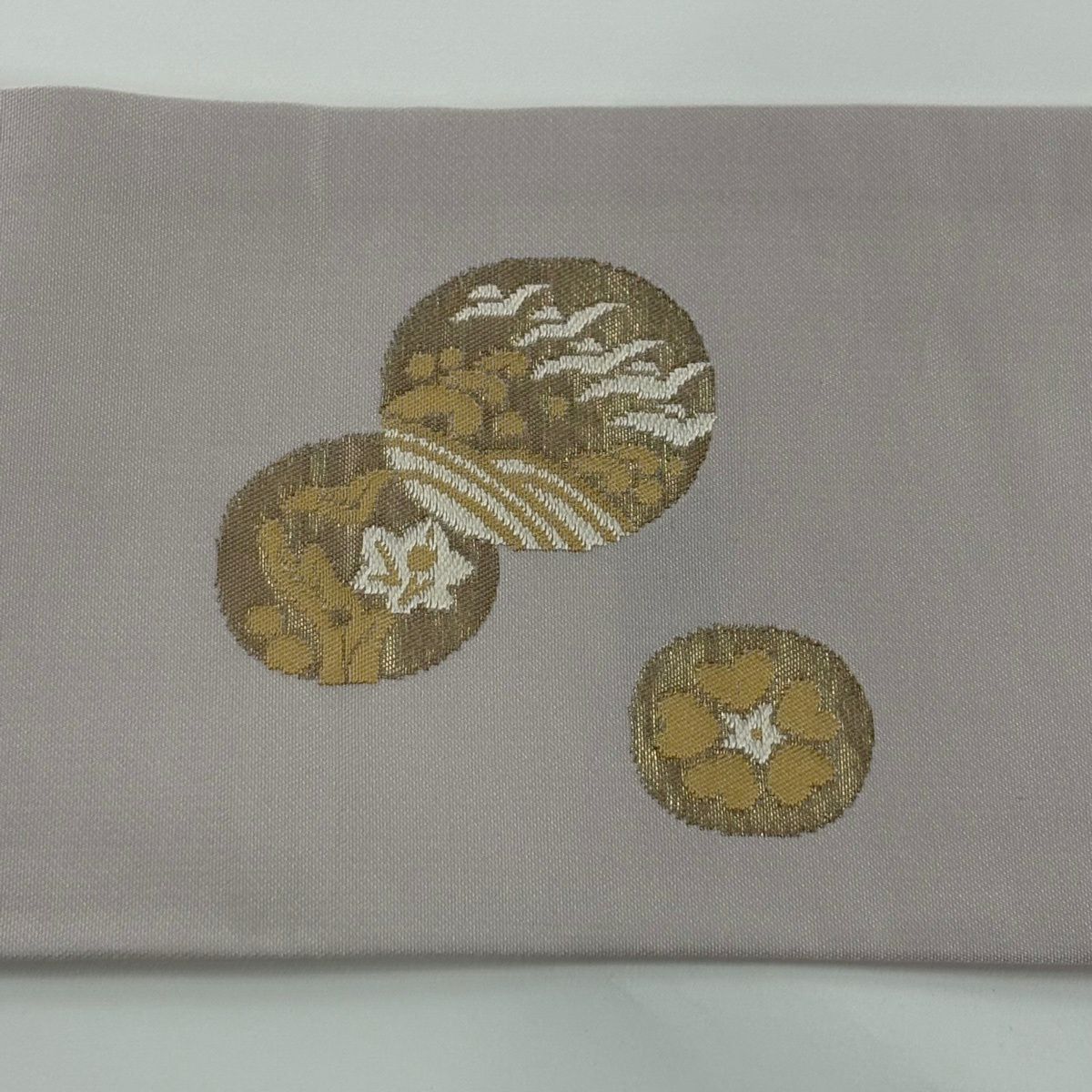 【美品】 名古屋帶 秀品級 關西仕立 草花紋紋 金金箔 粉米色 純蠶絲
