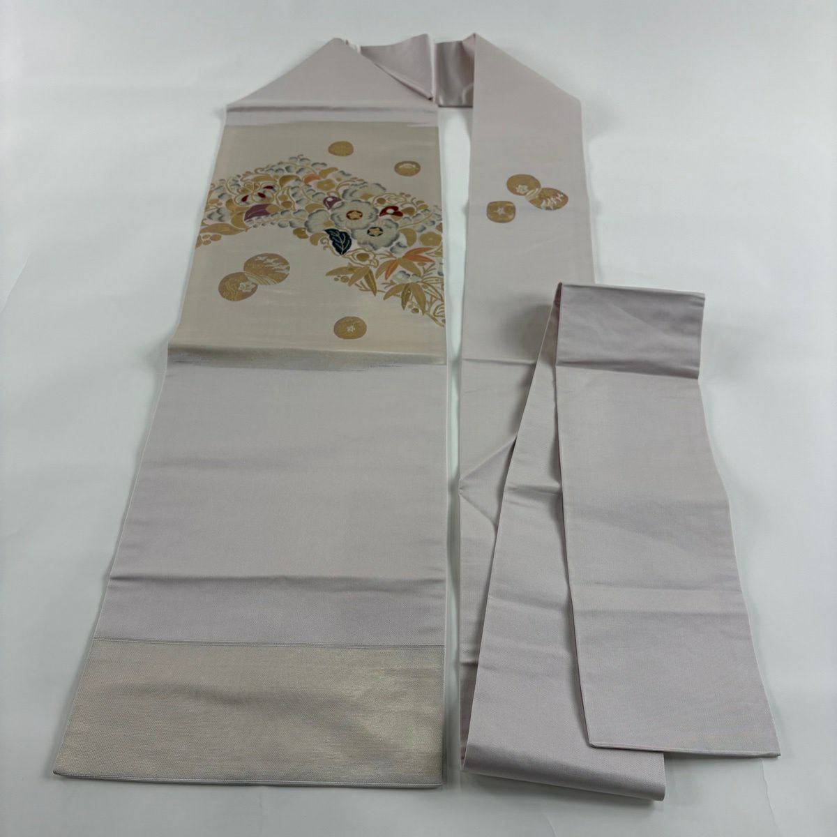 【美品】 名古屋帶 秀品級 關西仕立 草花紋紋 金金箔 粉米色 純蠶絲