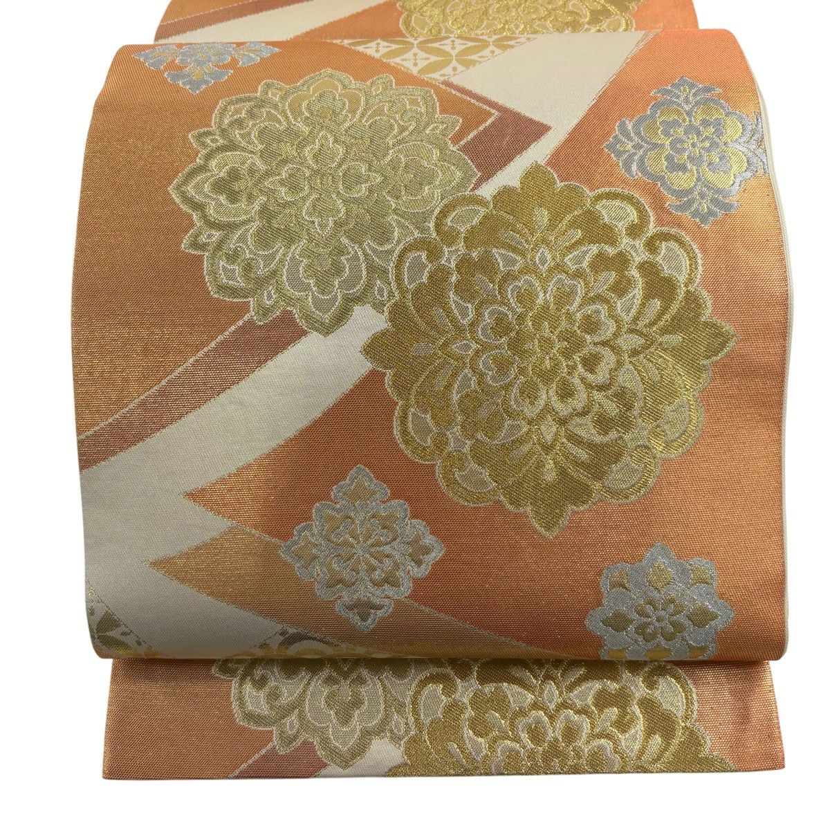 【美品】 袋帶 秀品級 川島織物 落款あり 華紋 有職文樣 金銀線 金金箔 橙色 六通 純蠶絲