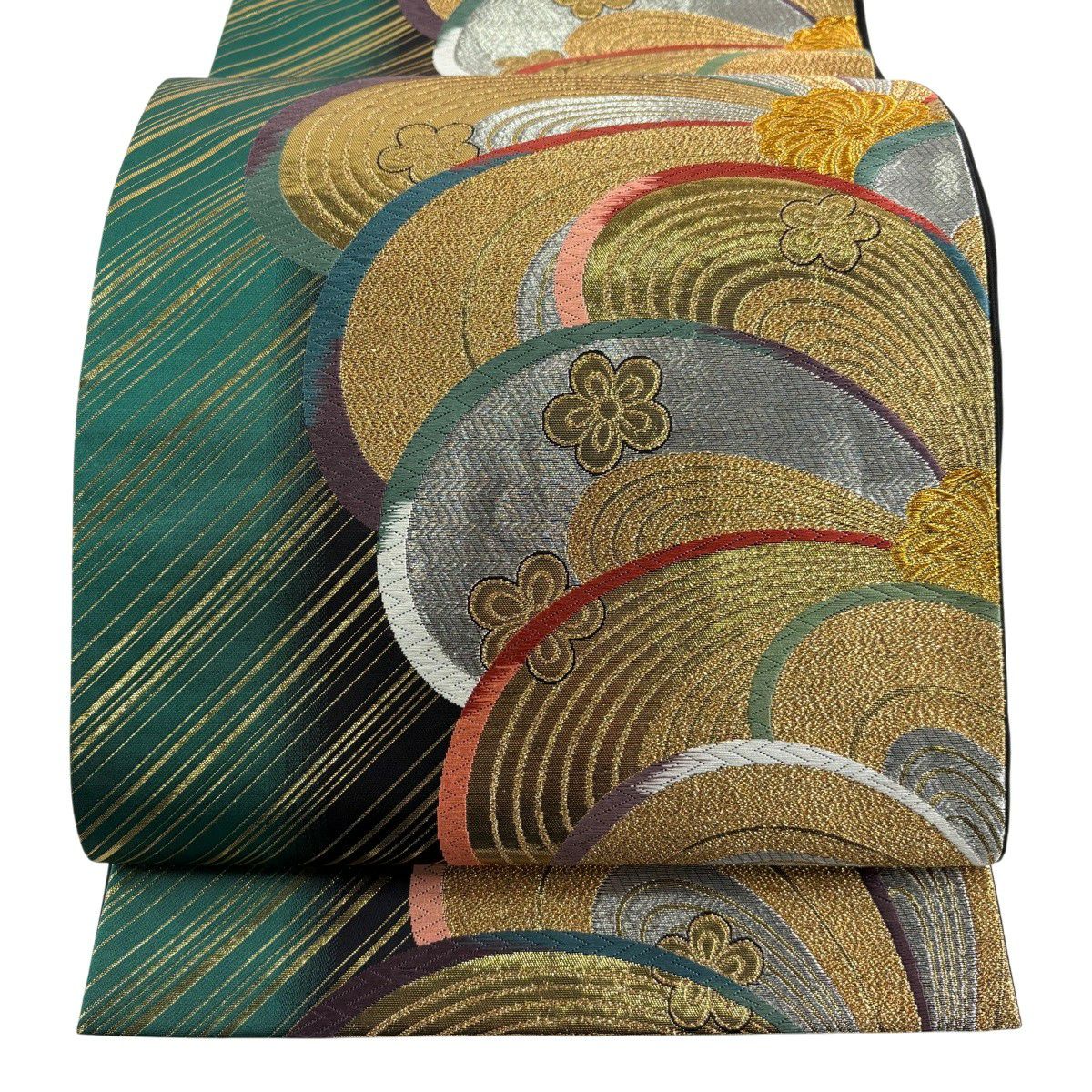 【美品】 袋帶 秀品級 振袖禮服禮服用 梅花花 斜紋 唐織 金金箔 綠色 六通 純蠶絲