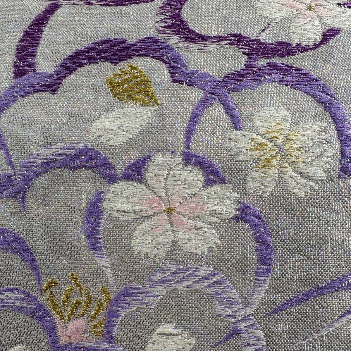 【美品】 袋帶 秀品級 櫻花 唐織 金金箔 銀色 六通 純蠶絲