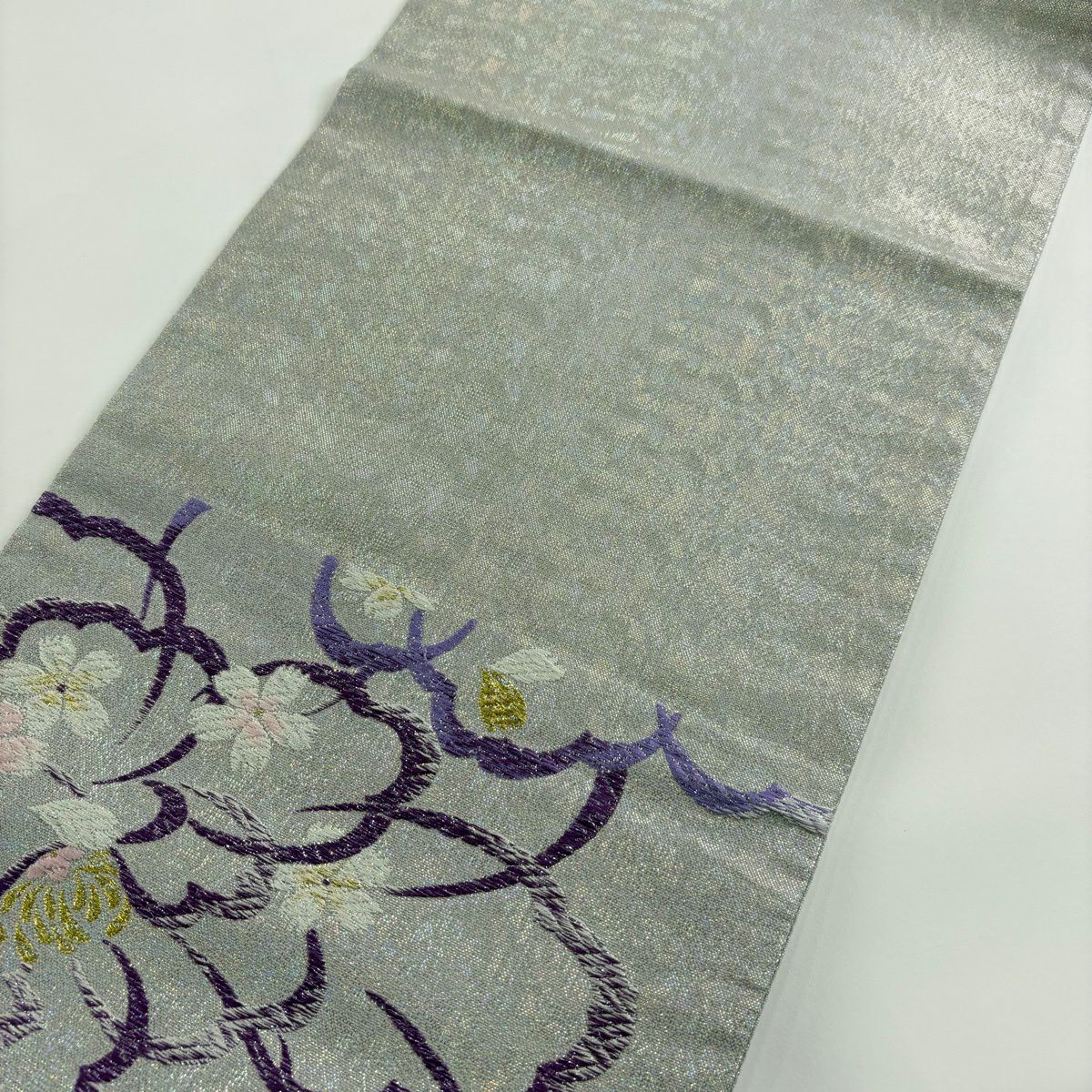 【美品】 袋帶 秀品級 櫻花 唐織 金金箔 銀色 六通 純蠶絲