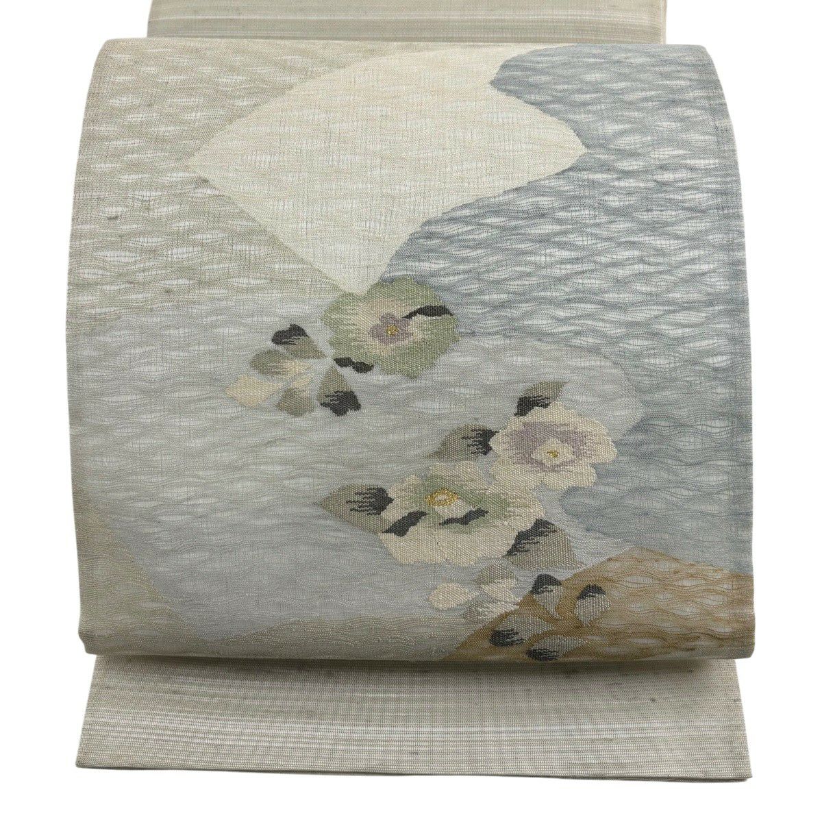 【美品】 袋帶 秀品級 夏帶 草花紋 扇子面 金絲 淺綠 お太鼓圖案 純蠶絲