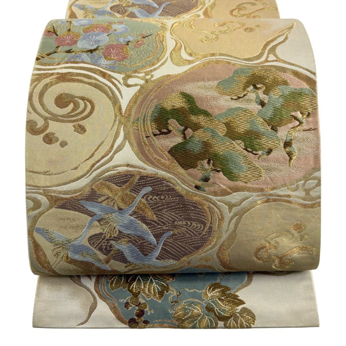 【美品】 袋帶 秀品級 本金金箔 流水仙鶴松樹紋 葡萄 唐織 金絲 米色 六通 純蠶絲