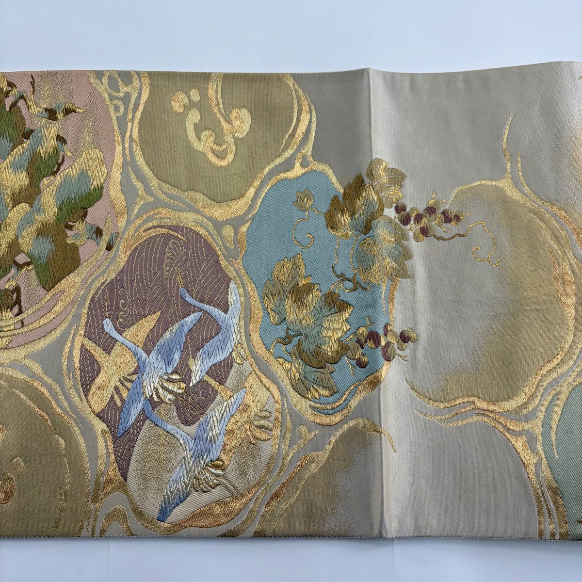 【美品】 袋帶 秀品級 本金金箔 流水仙鶴松樹紋 葡萄 唐織 金絲 米色 六通 純蠶絲