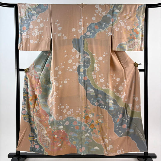 訪問服 身長156cm 袖長63cm S 雙層 附有落款 菊花花 薄霞 金絲 金銀彩 粉米色 純蠶絲 優品級